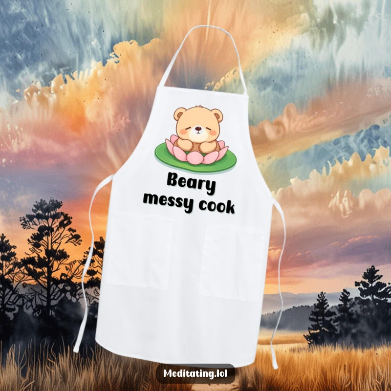 Funny bear cub apron showing a bear cub floating on a lily pad, a humorous accessory for relaxed chefs.