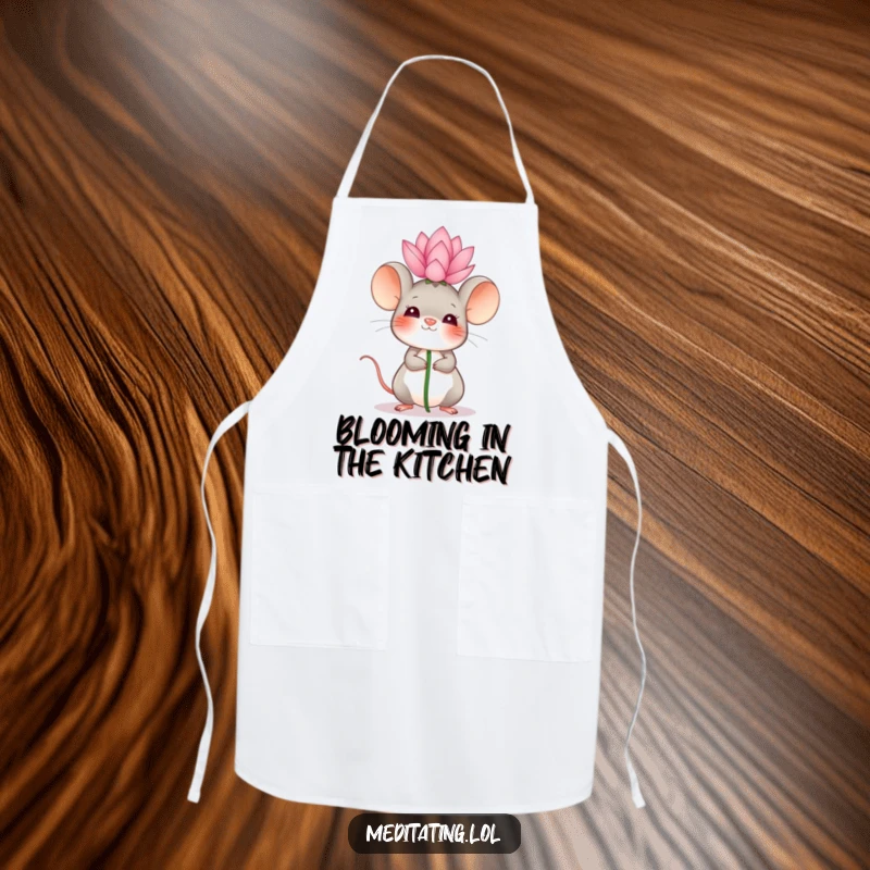 Funny Apron illustrating a giggling mouse balancing a lotus flower, adding humor and zen to kitchen tasks.