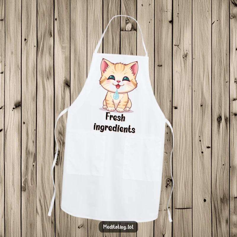 Funny kitten apron, a smiling cat gently touches its nose to a dewdrop, perfect for culinary creations. A charming kitchen accessory.