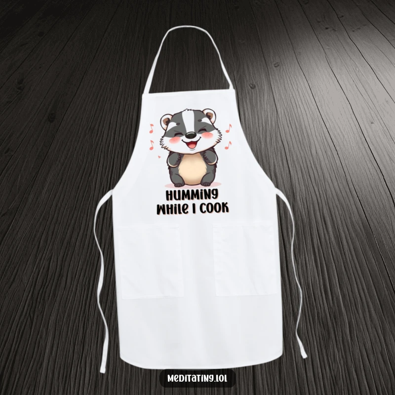 Funny Apron illustrating a grinning badger humming a tune, adding humor and musicality to kitchen tasks.