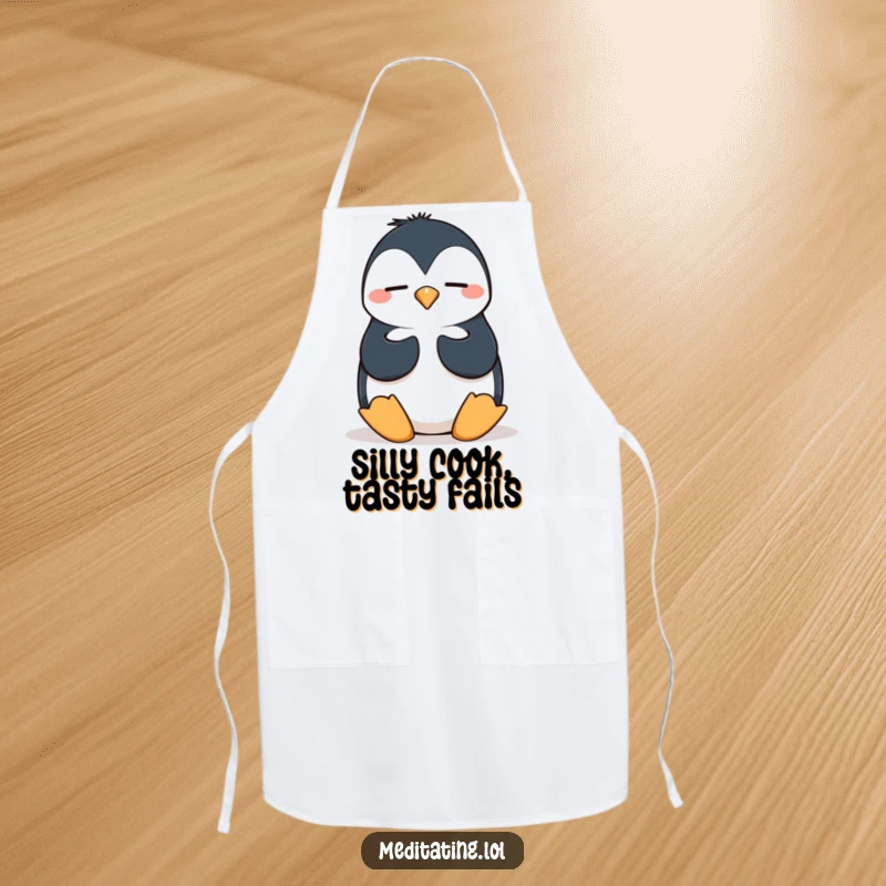 Funny penguin apron showing a silly penguin in a wobbly meditation pose, adding humorous and practical flair to kitchen tasks.