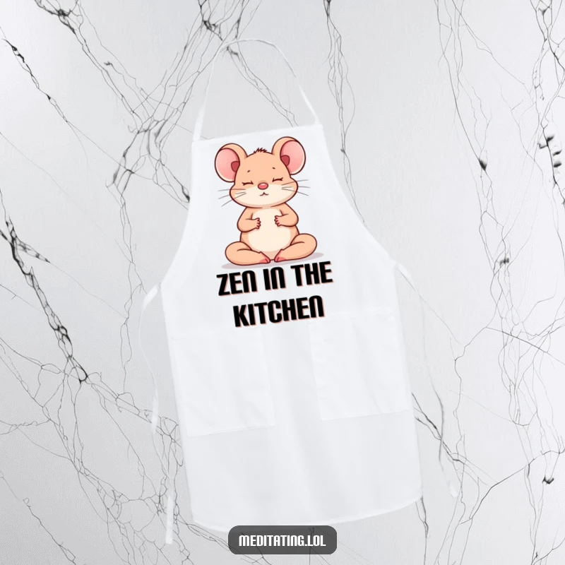 Funny Mouse Apron: A humorous apron showing a meditating mouse, great for kitchen mindfulness and fun.