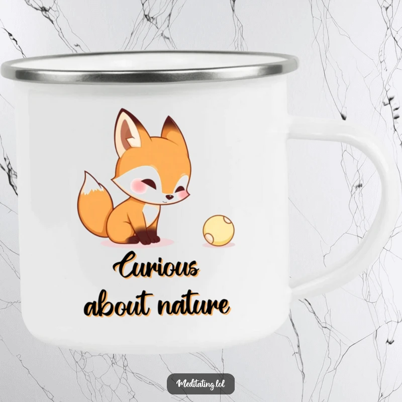 Funny enamel camping mug of a curious fox contemplating a tiny bouncing ball, perfect for adventurous sips.