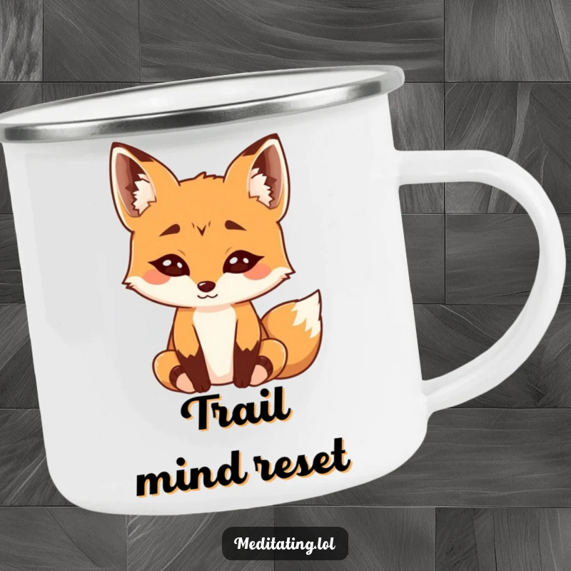 Funny Camping Mug: A curious fox meditates deeply with raised eyebrows, perfect for calm outdoor sips.