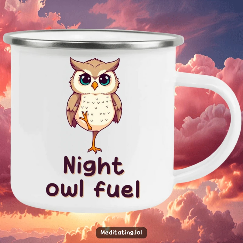 Funny Camping Mug: A determined owl stands perfectly balanced on one leg, embodying stability for outdoor adventures.