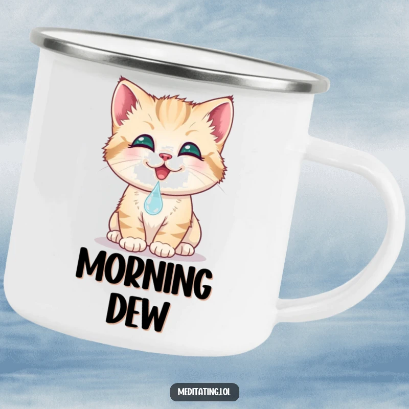 Funny kitten camping mug, a smiling cat gently touches its nose to a dewdrop, for outdoor adventures. A charming travel mug.