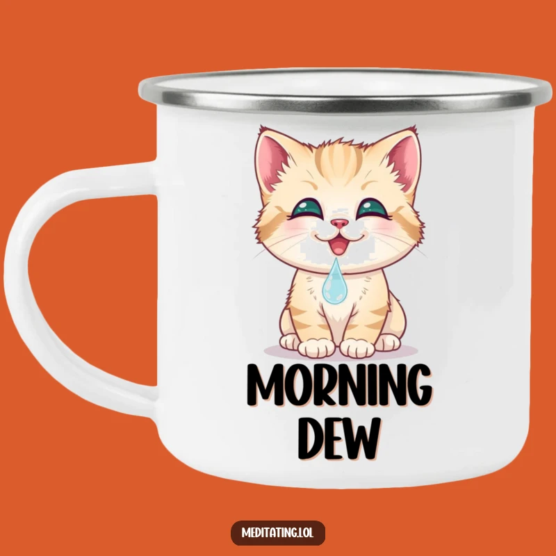 Funny Kitten Dewdrop Camping Mug: Smiling Cat Touching Water, Outdoor Charm, Cute Gift