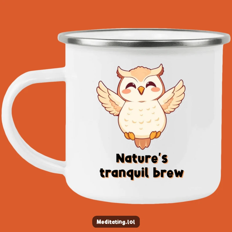 Funny Owl Camp Mug: Meditative Pose Enamel Cup, Joyful Outdoors Gift