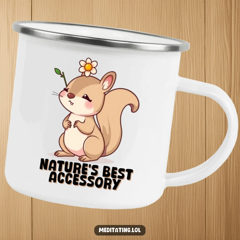 Funny enamel camping mug of a determined squirrel balancing a small flower on its head, perfect for focused outdoor moments.