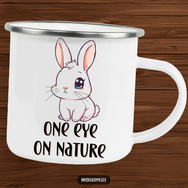 Funny rabbit camping mug featuring a curious rabbit with one eye open, ideal for enjoying drinks outdoors with humor.