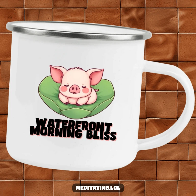 Funny Piglet Camping Mug: A durable mug with a funny piglet floating on a lotus leaf, for outdoor enthusiasts.