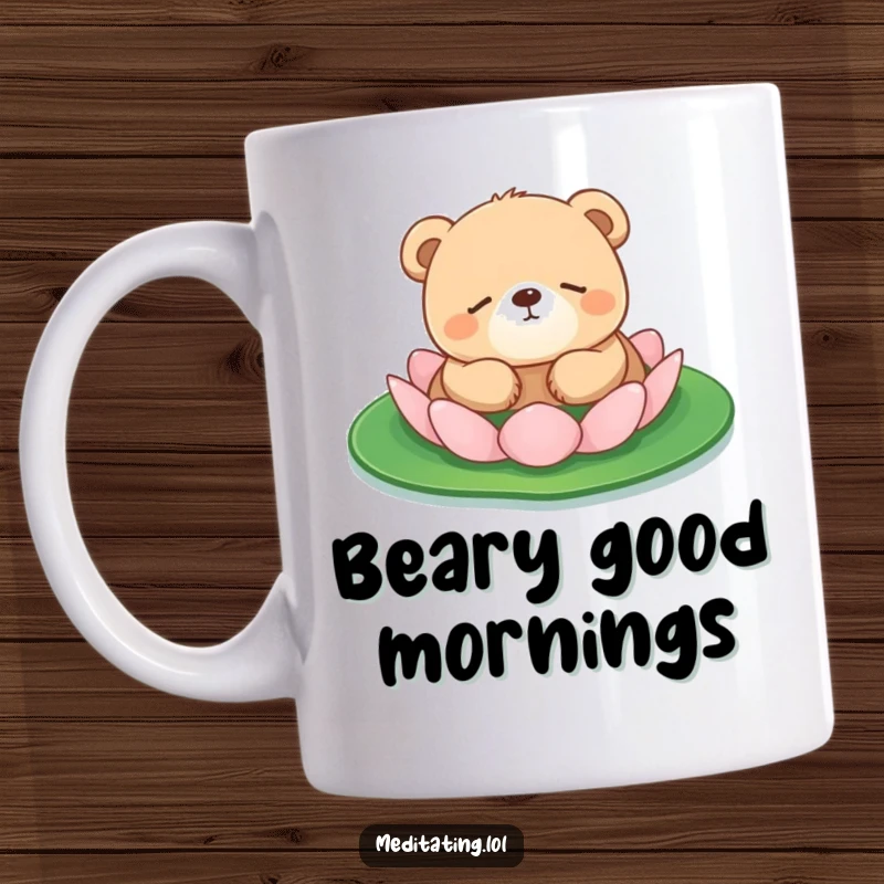Funny bear cub mug showing a small, round, sleepy bear cub peacefully floating with eyes closed on a lily pad.