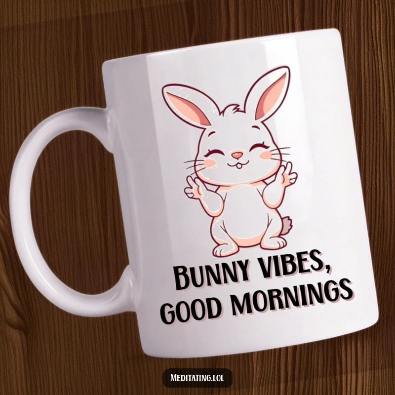 Funny bunny mug showing a playful bunny peacefully holding its paws in a zen mudra, radiating gentle calm.