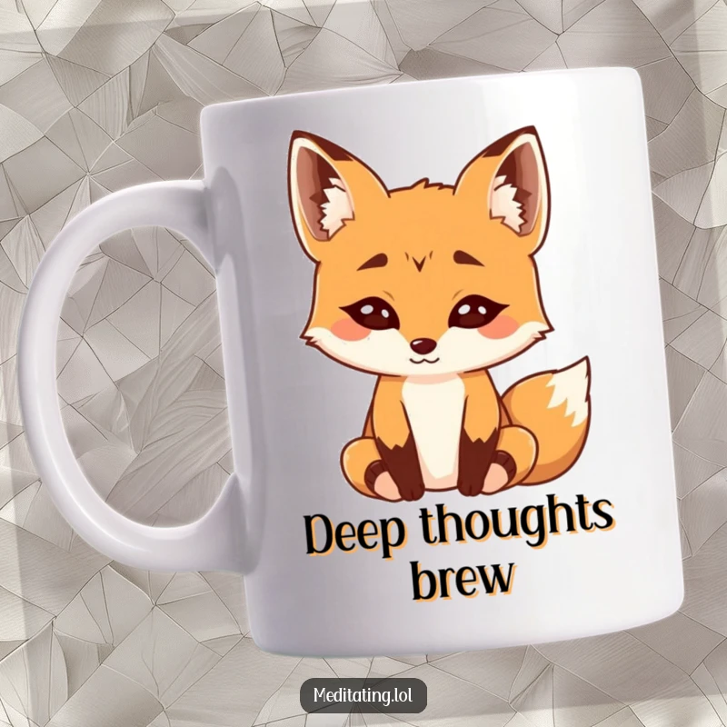 Funny Mug: A curious fox with raised eyebrows sits peacefully, eyes closed in deep, humorous meditation.