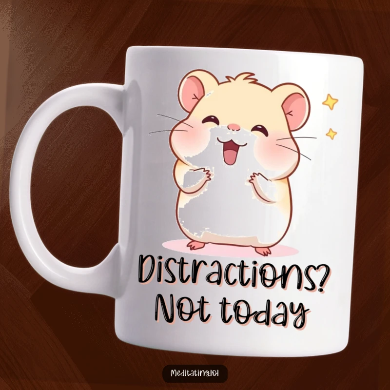 Funny hamster mug showing a cheerful hamster meditating and wafting imaginary distractions, bringing smiles and peaceful vibes.