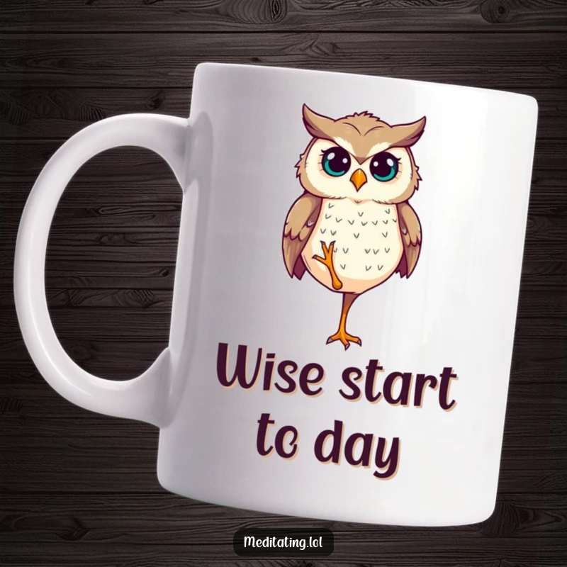 Funny Mug: A determined owl stands with perfect balance on one leg, looking focused and wise.