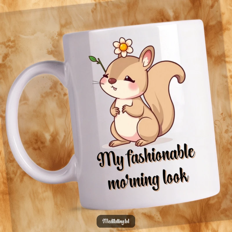Funny mug features a determined squirrel balancing a small flower on its head, showcasing focus and adorable resilience.