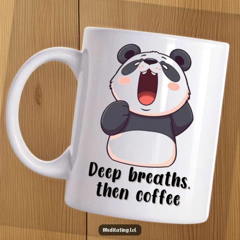 Funny panda mug showing a determined panda taking a deep, visible breath upwards, symbolizing stress relief and humor.