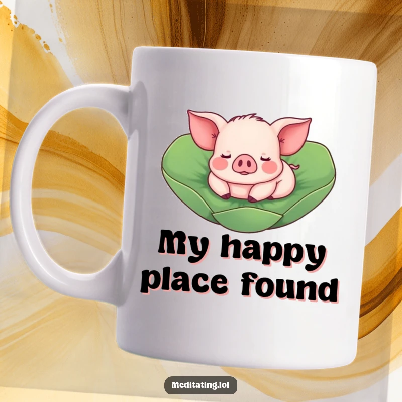 Funny Piglet Mug: A cute, playful piglet peacefully floats on a green lotus leaf, embodying tranquility and humor.