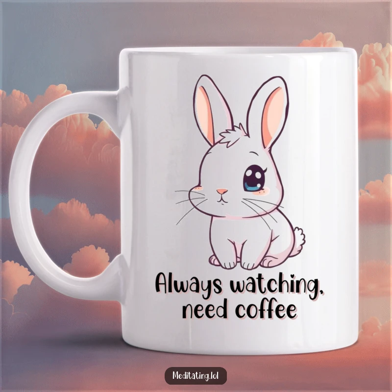 Funny rabbit mug featuring a curious rabbit with one eye open, peeking out playfully during a moment of peace.