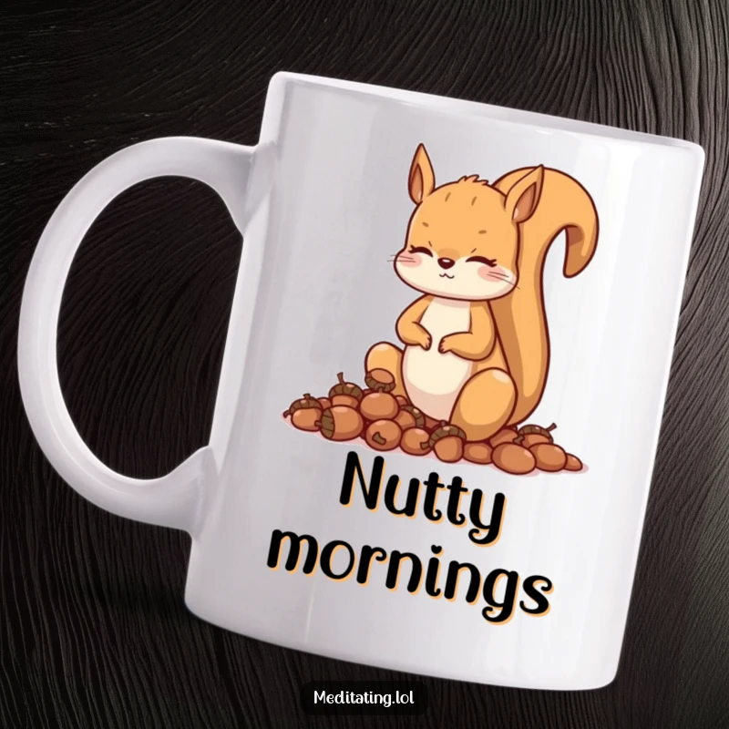 Funny squirrel meditation mug, a curious squirrel sits cross-legged with acorns, promoting zen. Humorous animal lover gift.