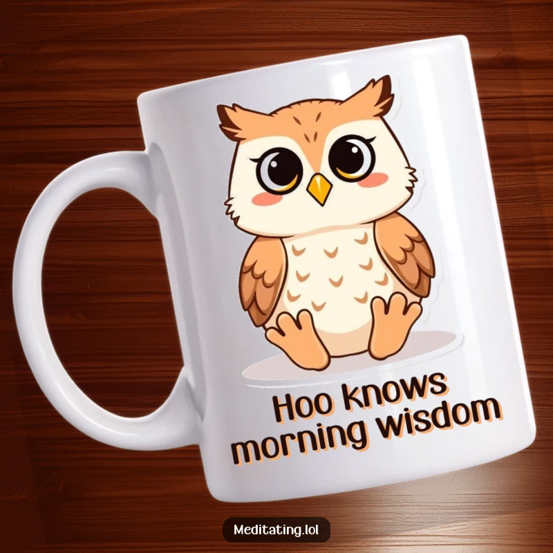 Funny owl mug featuring a wise owl in a seated meditation pose, radiating calm and humor, ready to offer a peaceful sip.