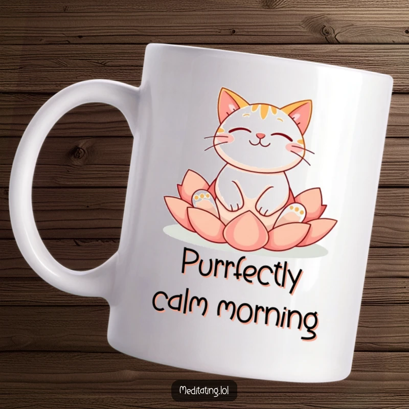 Funny cat mug showing a cheerful cat floating serenely in a lotus yoga position, radiating peaceful happiness.