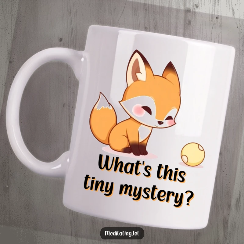 Funny mug features a curious fox contemplating a tiny bouncing ball with an intrigued expression, full of playful wonder.