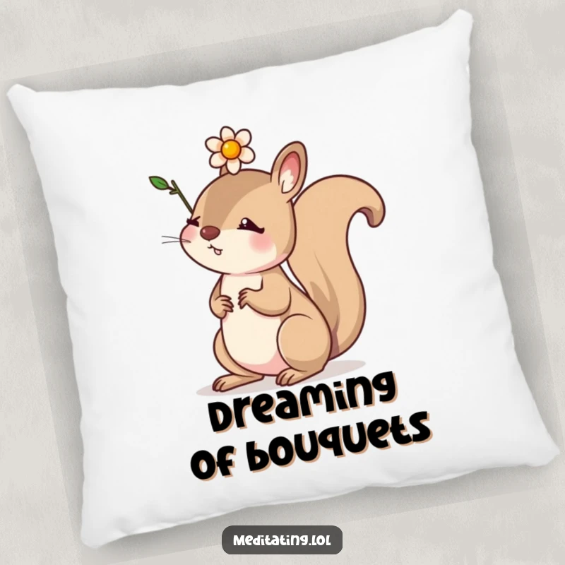 Funny pillow featuring a determined squirrel balancing a small flower on its head, perfect for cozy ambition and humor.