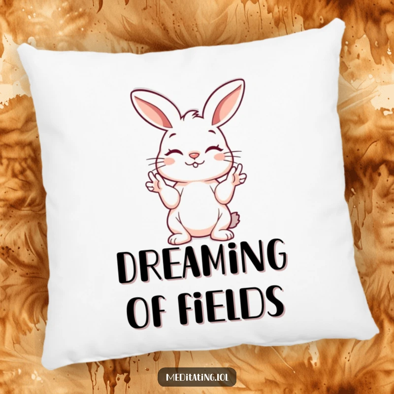 Funny bunny pillow featuring a playful bunny peacefully holding its paws in a mudra, offering soft comfort and humorous serenity.