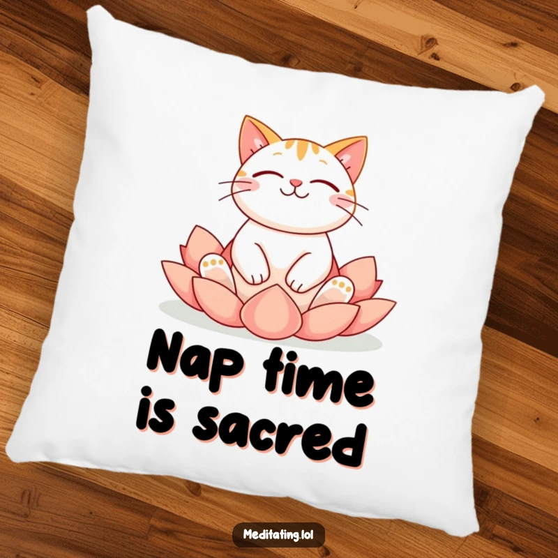 Funny cat pillow featuring a cheerful cat floating peacefully in a lotus yoga pose, offering soft comfort and humor.