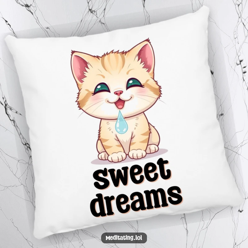 Funny kitten pillow, a smiling cat gently touches its nose to a dewdrop, offering soft comfort. A cute accent piece.