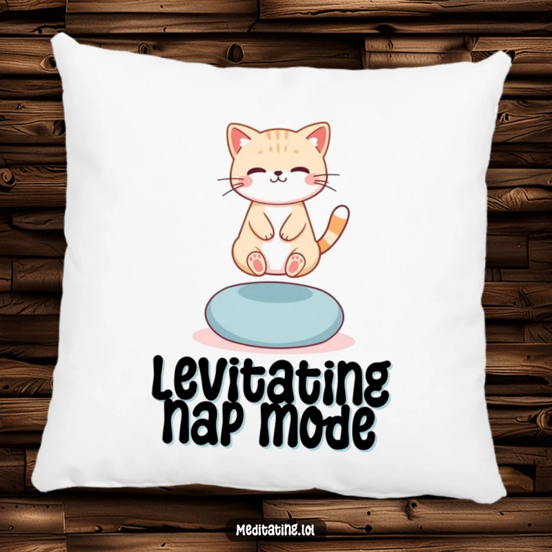 Funny Pillow: A cute cat levitating slightly above a meditation cushion, bringing humorous spiritual comfort and serene vibes.