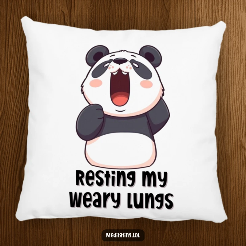 Funny panda pillow featuring a determined panda taking a deep, visible breath upwards, offering soft comfort and humorous stress relief.