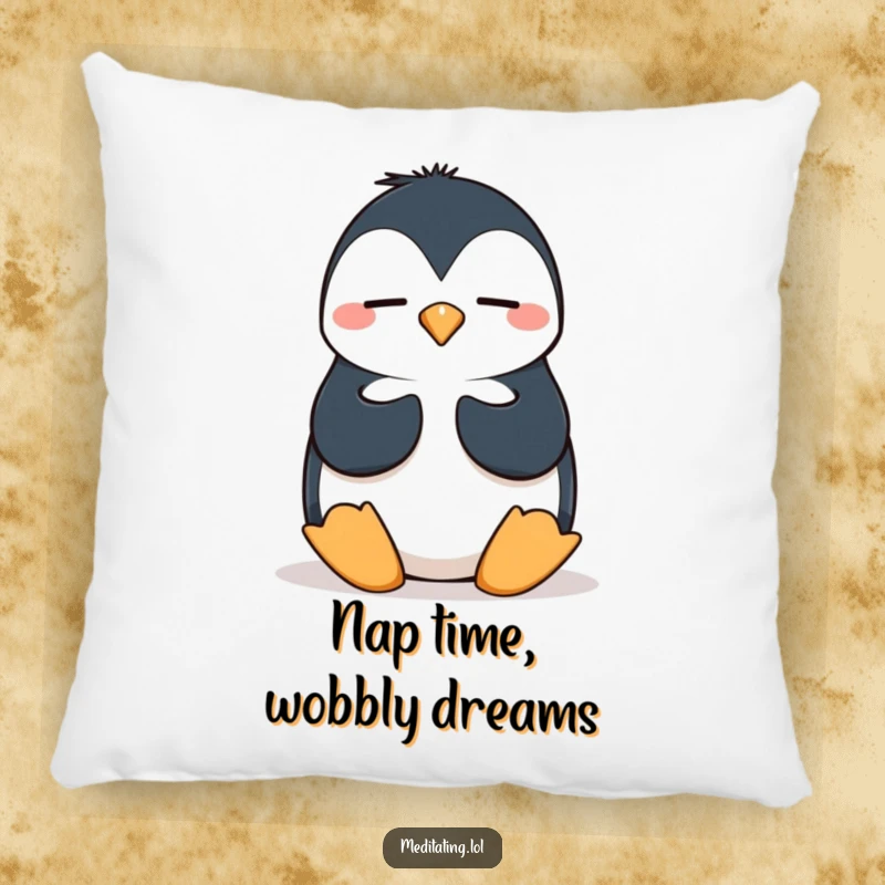 Funny penguin meditation pillow with a silly penguin attempting a wobbly pose, offering plush comfort and humorous, whimsical appeal.