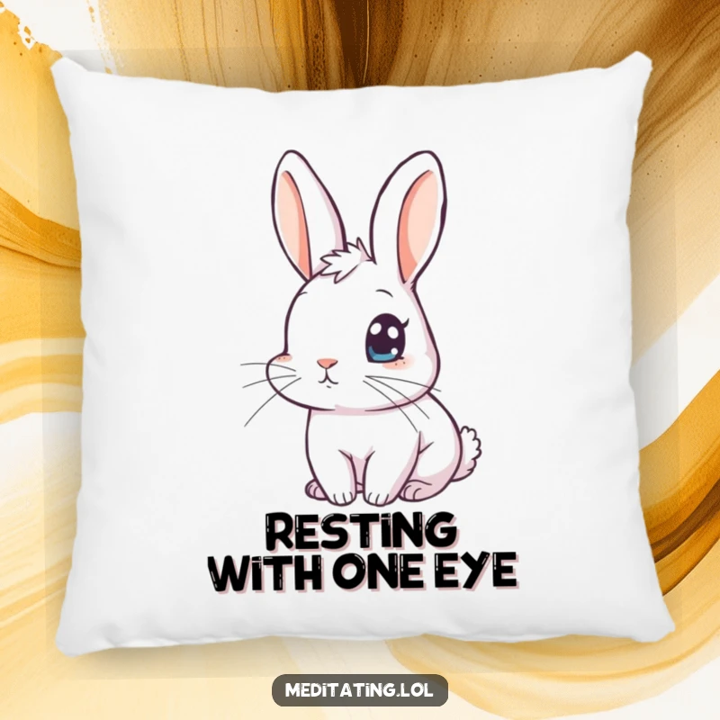 Funny rabbit meditation pillow with a curious rabbit with one eye open, offering plush comfort and humorous, watchful appeal.