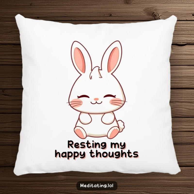 Funny pillow featuring a cheerful rabbit breathing deeply with a serene expression, perfect for peaceful relaxation and humor.