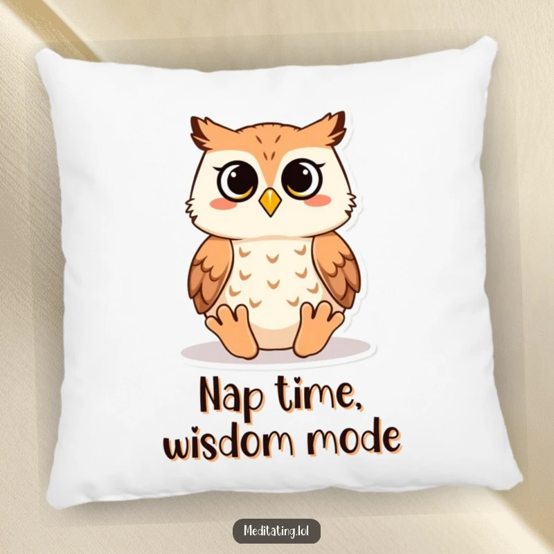 Funny owl meditation pillow with a wise owl in a tranquil pose, offering plush comfort and a humorous, peaceful aesthetic.