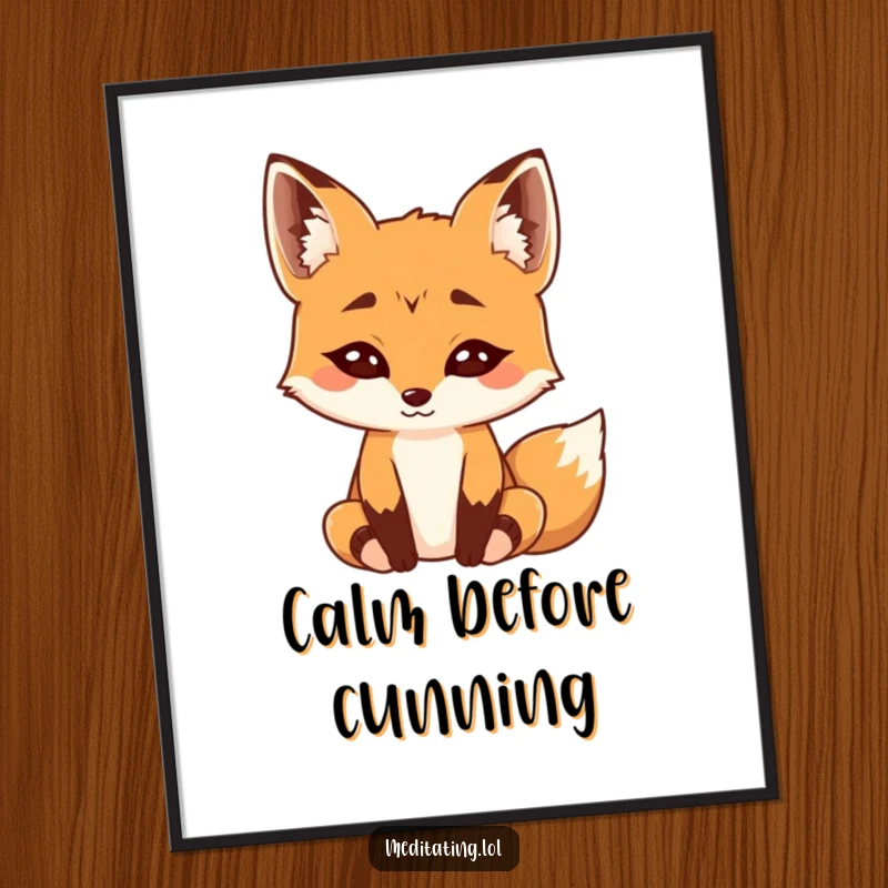 Funny Digital Art Print: A curious fox with raised eyebrows sits in deep, humorous meditation, radiating calm.