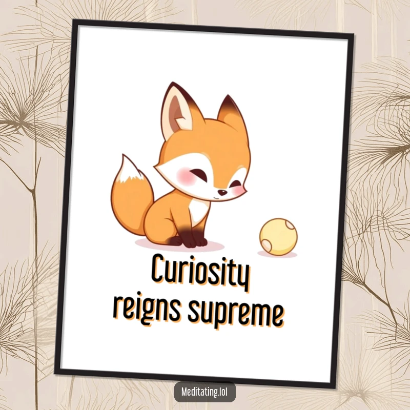 Funny digital art print of a curious fox contemplating a tiny bouncing ball, ideal for whimsical and inspiring decor.