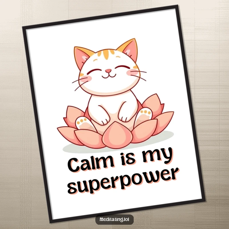 Funny cat digital art print of a cheerful cat meditating in a serene lotus yoga pose, bringing humorous peace to walls.