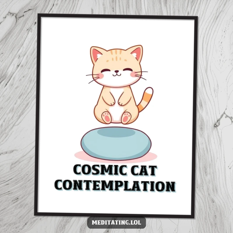 Funny Digital Art Print: A cute cat levitating slightly above a meditation cushion, embodying humorous spirituality and peaceful enchantment.