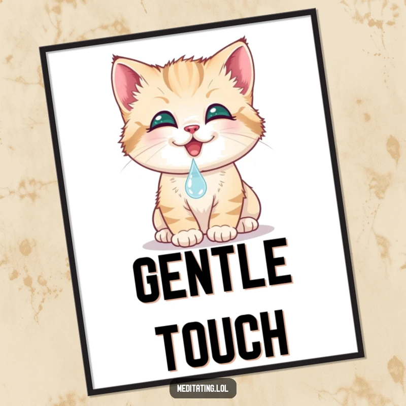 Funny kitten digital art print, a smiling cat gently touches its nose to a dewdrop, capturing tender beauty. Instant cute decor.