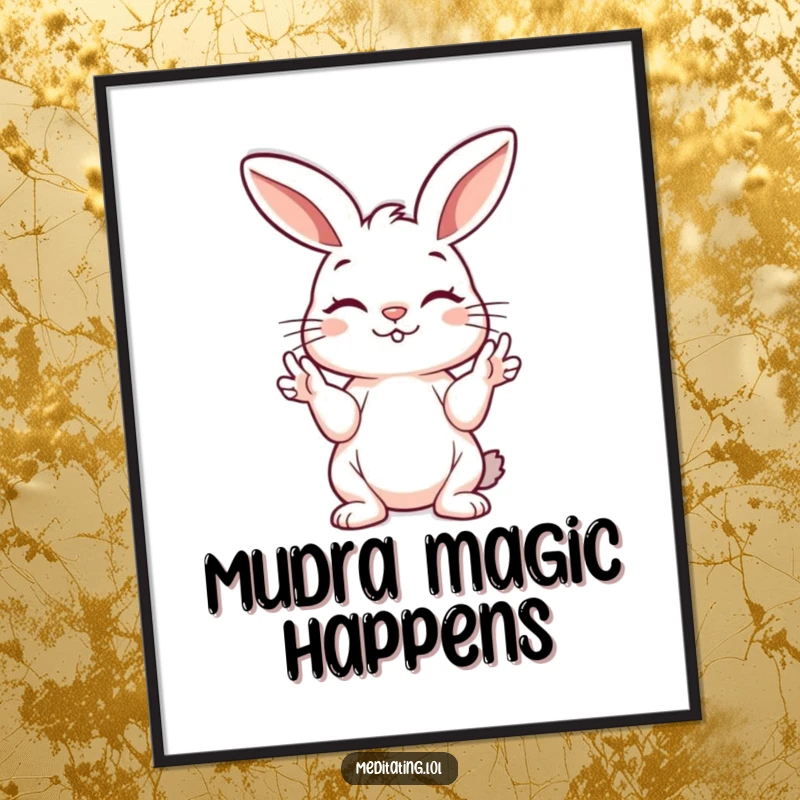 Funny bunny digital art print of a playful bunny peacefully holding its paws in a mudra, bringing humorous calm to walls.