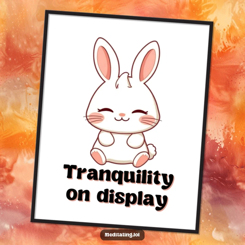 Funny digital art print of a cheerful rabbit breathing deeply with a serene expression, ideal for calming and humorous decor.