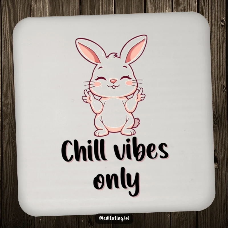 Funny bunny coaster showing a playful bunny peacefully holding its paws in a mudra, humorously protecting surfaces with calm.