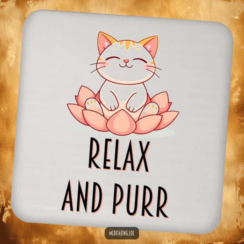 Funny cat coaster showing a cheerful cat floating serenely in a lotus yoga pose, humorously protecting surfaces.