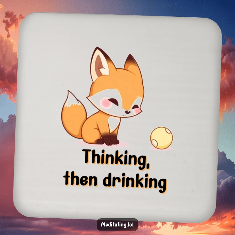 Funny drink coaster featuring a curious fox contemplating a tiny bouncing ball, adding playful charm to tables.