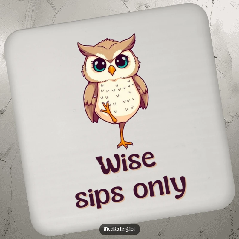 Funny Coaster: A determined owl stands perfectly balanced on one leg, bringing focused humor to drink protection.