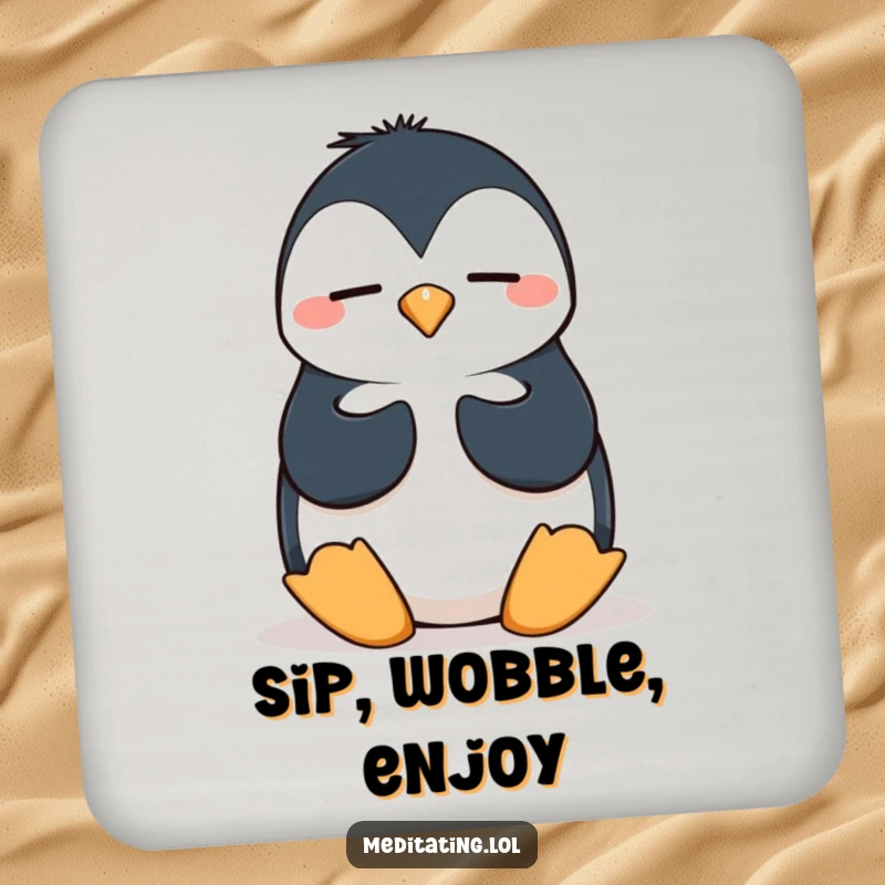 Funny penguin drink coasters with a silly penguin attempting a wobbly pose, offering humorous and protective surface adornment.
